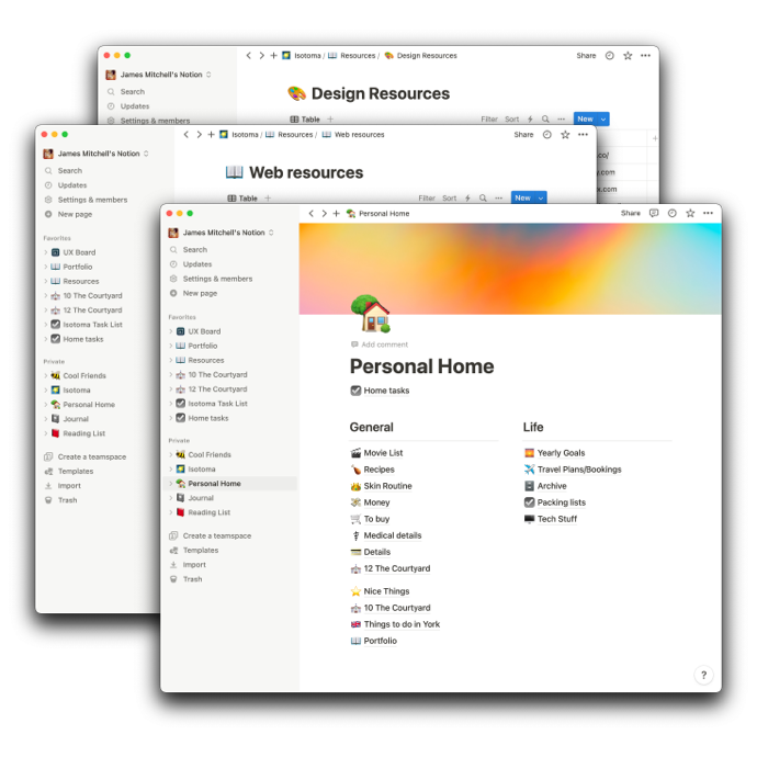 Screenshots of my personal Notion setup.